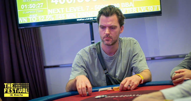 Aliaksei Baravik playing the Texas Mystery Bounty Day 1B at The Festival Malta